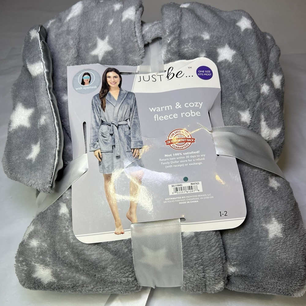Just Be You Women's Grey Warm Cozy Fleece Robe OSFM With Eye-mask Housecoat‎